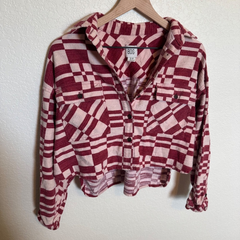 Grunge Indie Sleaze BDG Flannel Crop Shirt Size Small Red Pink